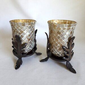 NEW 7.25” STAINED GLASS MOSAIC ART GLASS CAST IRON LEAF STANDS CANDLE HOLDER SET